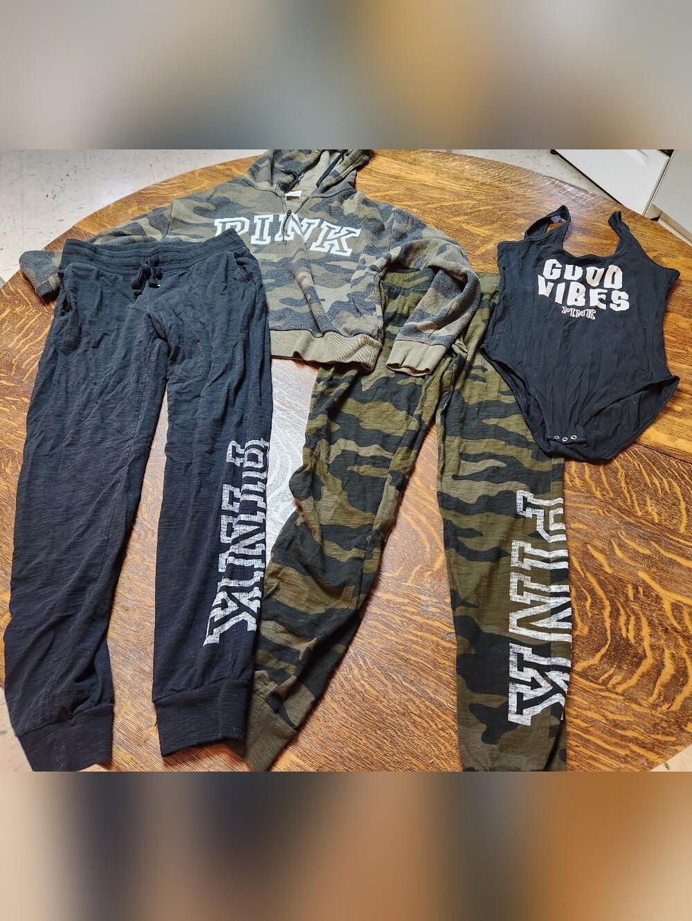 Victoria’s Secret PINK joggers X2 Camo Hoodie & Good Vibes Bodysuit Lot Of 4